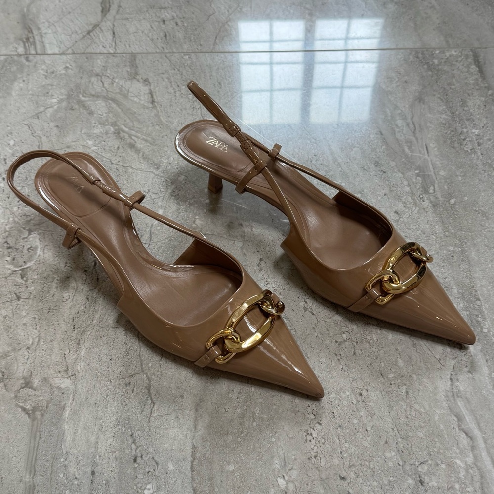 Zara Tan Pointed Toe Slingback Heels with Gold Chain